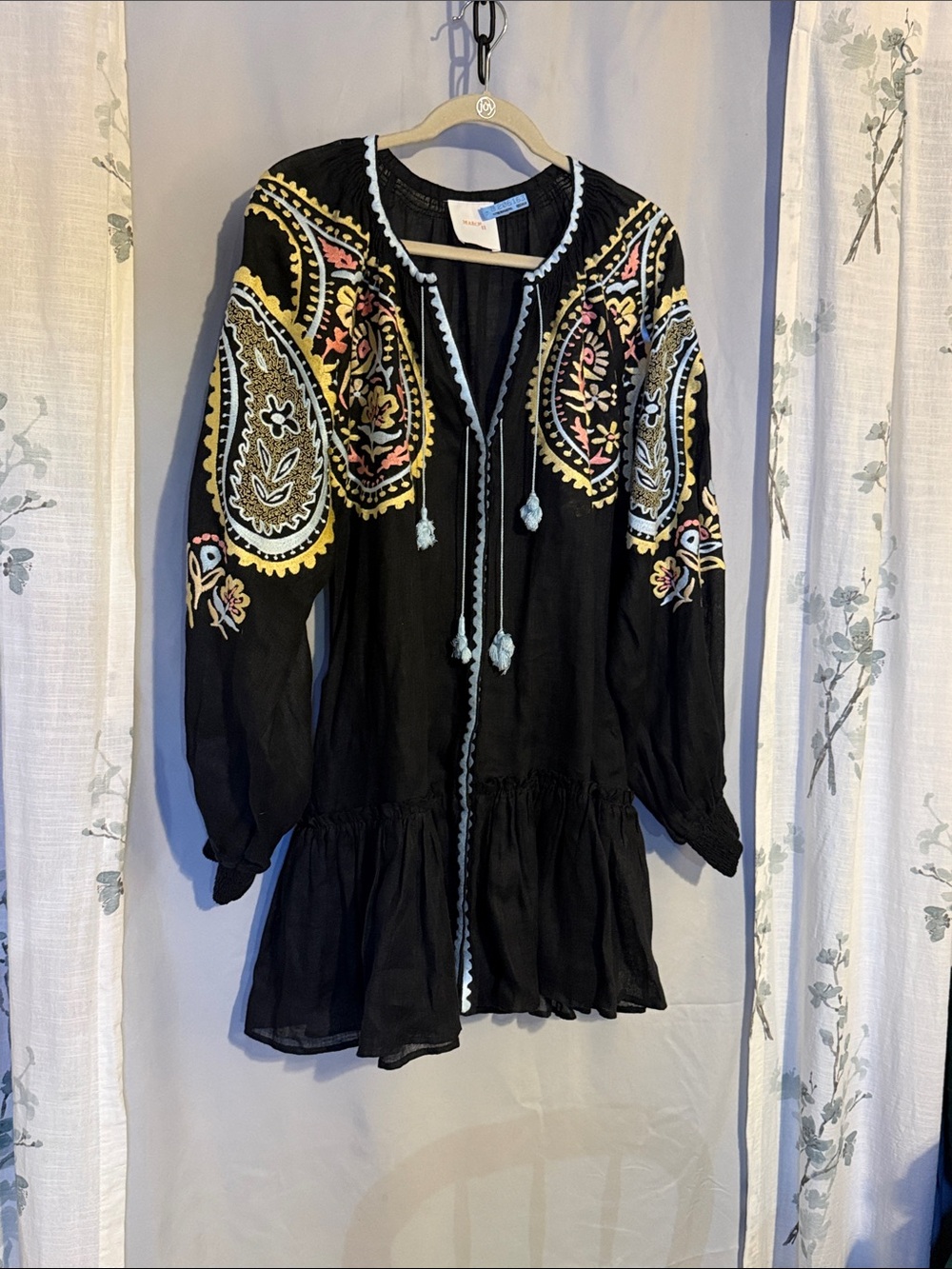 Black Embroidered Long-Sleeve Boho Dress with Pastel Accents
